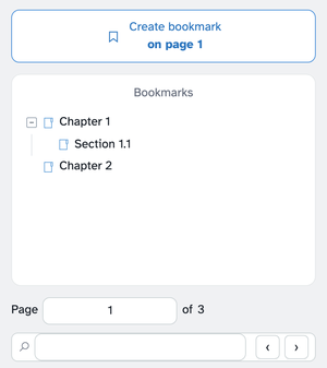 The bookmarks workspace: the blue Create bookmark on page 1 button, the Bookmarks tree with Chapter 1 expanded to Section 1.1 above Chapter 2, the Page 1 of 3 box and the search row