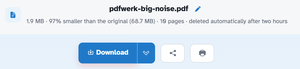 The ready page showing pdfwerk-big-noise.pdf — 1.9 MB · 97% smaller than the original (68.7 MB) · 10 pages — above the Download button