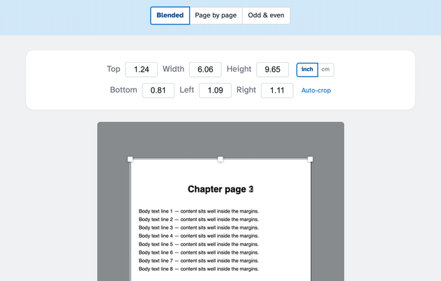 The crop editor: Preview mode with Blended, Page by page and Odd & even; the margin boxes Top, Width, Height, Bottom, Left, Right with the inch/cm units and the Auto-crop link; the page with its crop box; and the Crop PDF bar