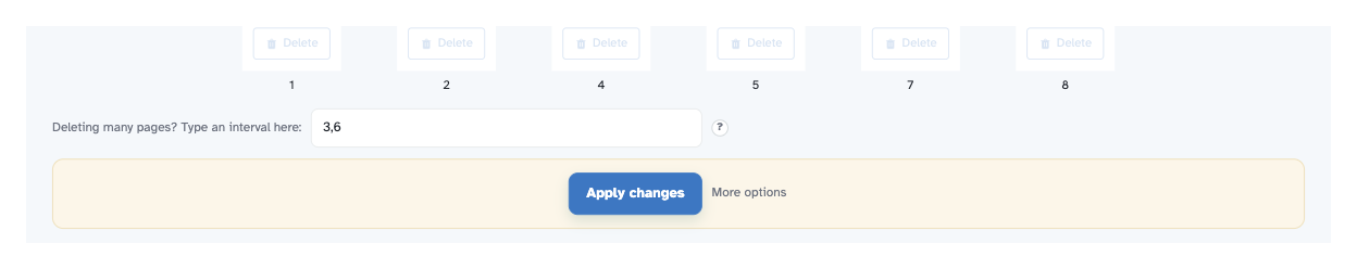 The delete controls up close: the interval box holding 3,6 with its help tooltip, and the Apply changes button with More options