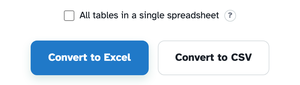 The tables step — All tables in a single spreadsheet checkbox — above the Convert to Excel and Convert to CSV buttons