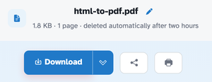 The ready page showing html-to-pdf.pdf — 1.8 KB · 1 page · deleted automatically after two hours — above the Download button
