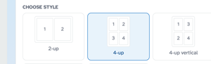Choose style: the 2-up card and the 4-up card picked, each showing its reading order on a tiny sheet