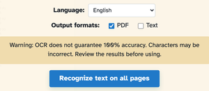Language English, Output formats PDF ticked, the accuracy warning and the Recognize text on all pages button