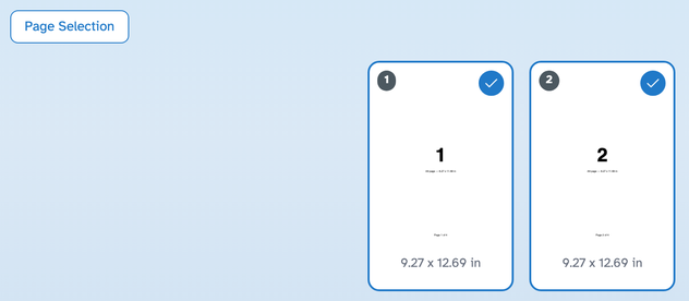The Page Selection button above two selected page thumbnails, each showing its new size — 9.27 x 12.69 in — under the page number