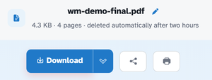 The ready page showing wm-demo-final.pdf — 4.3 KB · 4 pages · deleted automatically after two hours — above the Download button