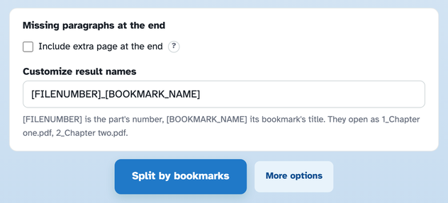 More options open on two panels: Missing paragraphs at the end with its Include extra page at the end checkbox, and Customize result names with [FILENUMBER]_[BOOKMARK_NAME]