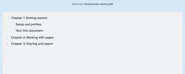 The Split by bookmarks contents box: three chapter bookmarks, the first expanded to its two sub-sections