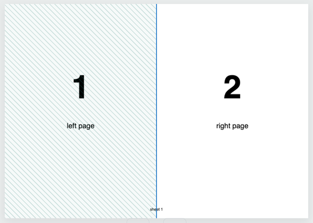 A landscape spread in the Split in half preview: the left page 1 is tinted, the blue split line runs down the middle, page 2 sits on the right