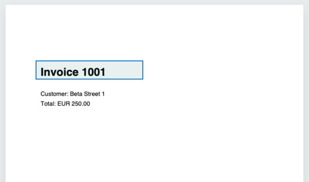 A PDF page in the Split by text preview with the blue selection box drawn around the line “Invoice 1001”