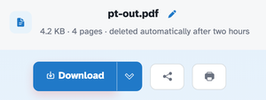 The ready page showing the unlocked pt-out.pdf — 4.2 KB · 4 pages · deleted automatically after two hours — above the Download button