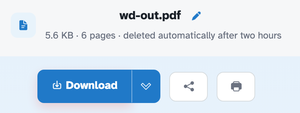 The ready page showing wd-out.pdf — 5.6 KB · 6 pages · deleted automatically after two hours — above the Download button