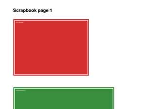 A scrapbook-style page in the preview with two big pictures on it — a red block lettered “RED 600x450” and a green one lettered “GREEN 800x534”